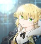  1girl alternate_costume artist_request blonde_hair braid coat eyebrows_visible_through_hair french_braid fur_collar girls_frontline green_eyes looking_at_viewer neck_ribbon ribbon solo welrod_mk2_(girls_frontline) 