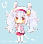 1girl :o animal_ears azur_lane bangs blue_background blush bunny_ears camisole chibi collarbone commentary_request eyebrows_visible_through_hair full_body grey_footwear hair_between_eyes hair_ornament hairband jacket kouu_hiyoyo laffey_(azur_lane) long_sleeves looking_at_viewer off_shoulder open_clothes open_jacket parted_lips pink_jacket pleated_skirt red_eyes red_hairband red_skirt shoes silver_hair skirt solo standing thighhighs translation_request twintails twitter_username white_camisole white_legwear 