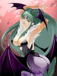  animal_print armpits arms_up ass bad_id bad_pixiv_id bat_print bat_wings breasts demon_girl elbow_gloves gloves green_eyes green_hair head_wings highleg highleg_leotard hyakkimaru_(100mani) large_breasts leotard long_hair morrigan_aensland pantyhose print_legwear solo thong_leotard vampire_(game) wings 