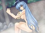  alicia_mcfadden antenna_hair ass bath blue_hair blush brave_soul breasts game_cg long_hair looking_back medium_breasts mogudan nipples nude open_mouth outdoors red_eyes sitting soap solo towel very_long_hair wet 