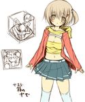  1girl 2-g blonde_hair blush breasts cleavage copyright_request medium_breasts midriff navel partially_colored short_hair side_ponytail sketch skirt thighhighs yellow_eyes zettai_ryouiki 