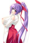  bad_id bad_pixiv_id breasts copyright_request hakama highres huge_breasts japanese_clothes kinosaki_yuki long_hair miko nipples ponytail purple_hair red_hakama ribbon solo very_long_hair 