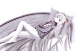  barefoot bottomless feet fujiwara_no_mokou hair_ribbon highres long_hair md5_mismatch monochrome red_eyes rexlent ribbon silver_hair solo spot_color touhou very_long_hair 