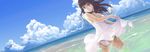  ass beach blue_eyes brown_hair day dress dress_lift dutch_angle highres hiraoka_masamune long_hair long_image looking_back ocean original outdoors panties solo splashing strap_slip underwear wading water white_dress white_panties wide_image 