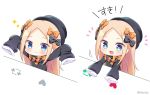  1girl abigail_williams_(fate/grand_order) bangs black_bow black_dress black_hat blonde_hair blue_eyes blush bongo_cat bow chibi closed_mouth commentary_request dress eyebrows_visible_through_hair fate/grand_order fate_(series) hair_between_eyes hat heart long_hair long_sleeves masayo_(gin_no_ame) open_mouth orange_bow parted_bangs polka_dot polka_dot_bow simple_background sleeves_past_fingers sleeves_past_wrists smile solo sparkling_eyes twitter_username white_background 