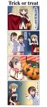  4koma artist_request breasts cleavage comic costume halloween highres lynette_bishop miyafuji_yoshika multiple_girls panties sakamoto_mio small_breasts strike_witches thighhighs translated trick_or_treat underwear world_witches_series 