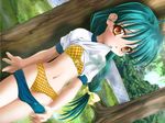  bra buruma buruma_pull dutch_angle game_cg green_hair gym_uniform ishihara_masumi jpeg_artifacts kuro_mahou_shoujo_sadistic_youko lingerie long_hair mouth_hold non-web_source orange_eyes panties plaid plaid_bra plaid_panties pulled_by_self sachiusu_misao solo tears underwear undressing 