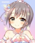  1girl bangs bare_shoulders blue_background blush brown_eyes brown_hair closed_mouth dress eyebrows_visible_through_hair gloves gradient gradient_background hair_between_eyes hair_ornament heart heart_hands idolmaster idolmaster_cinderella_girls jewelry marshmallow_mille necklace otokura_yuuki pearl_necklace pink_background smile solo sparkle star star_hair_ornament strapless strapless_dress tiara upper_body white_gloves 