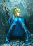  blonde_hair blue_eyes bodysuit fetishy metroid ponytail samus_aran sitting skin_tight solo suggestive_fluid zero_suit 