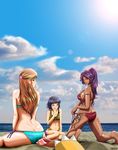  ass beach bikini bleach blue_hair blush breasts bug butt_crack butterfly cloud dark_skin day inoue_orihime insect kon large_breasts long_hair md5_mismatch multiple_girls neko_(a_la_fraise) orange_hair outdoors ponytail purple_hair seashell shell shihouin_yoruichi short_hair_with_long_locks sky smile striped sui-feng swimsuit tattoo 