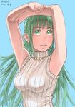  armpits arms_up blue_background breasts dated green_eyes green_hair higurashi_no_naku_koro_ni large_breasts long_hair looking_at_viewer parted_lips ponytail shirt simple_background sleeveless sleeveless_turtleneck solo sonozaki_shion sweater taut_clothes taut_shirt turtleneck upper_body zenkou 