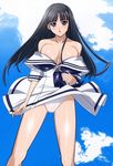  areolae bangs bare_shoulders black_hair blue_eyes blunt_bangs blush cloud collarbone day dress highres kuroda_kazuya long_hair mizushima_asa open_mouth panties sailor_dress school_uniform sky solo sora_no_iro_mizu_no_iro underwear white_panties wind wind_lift 