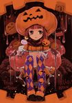  argyle argyle_legwear bad_id bad_pixiv_id brown_eyes candy chocolate copyright_request food food_as_clothes halloween in_food jack-o'-lantern kurobuta_gekkan pumpkin pumpkin_hat red_hair scarf solo sweets thighhighs tongue trick_or_treat 