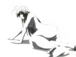  antenna_hair arm_support ass bangs barefoot breasts feet greyscale ikkitousen large_breasts long_hair lowres lying monochrome on_side panties shadow sideboob simple_background soles solo sonsaku_hakufu topless underwear underwear_only 