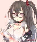  1girl :o azur_lane bangs bare_shoulders black-framed_eyewear black_choker breasts brown_background brown_hair character_name choker cleavage collarbone eyebrows_visible_through_hair glasses grey_jacket hair_between_eyes hair_ornament jacket large_breasts lifted_by_self long_hair looking_at_viewer marshmallow_mille multicolored_hair off_shoulder one_side_up open_clothes open_jacket parted_lips red_eyes semi-rimless_eyewear simple_background solo steam streaked_hair sweat tank_top tank_top_lift twitter_username u-47_(azur_lane) under-rim_eyewear upper_body white_hair white_tank_top 