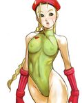  beret blonde_hair breasts cammy_white elbow_gloves gloves green_leotard hat kazaana large_breasts leotard long_hair nipples pout scar solo street_fighter twintails 