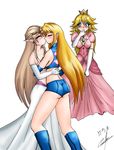  3girls artist_request ass back bare_shoulders blonde_hair blue_eyes blush boots breasts brown_hair crown dress elbow_gloves eyes_closed female gloves hand_to_mouth hand_to_own_mouth kiss large_breasts long_hair mario_(series) metroid multiple_girls nintendo peach princess_peach princess_zelda samus_aran simple_background super_mario_bros. the_legend_of_zelda topless watching yuri zelda 