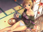  autumn bad_id bad_pixiv_id blonde_hair book bra_strap breasts cleavage food green_eyes leaf medium_breasts no_pants off_shoulder original panties pocky reading short_hair shounen_democratica sitting smile solo strap_slip striped striped_panties tatami tea_set teapot underwear 