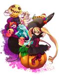  3girls black_dress blonde_hair cupcake dress food ghost green_eyes halloween long_hair multiple_boys multiple_girls original pumpkin shinryou_rei twintails 