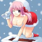  atsukan bag bent_over boots breasts chimney christmas cleavage copyright_request gloves kneeling large_breasts one_eye_closed pink_eyes pink_hair purple_hair ribbon santa_costume solo white_gloves 