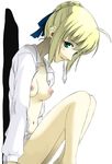  ahoge artoria_pendragon_(all) blonde_hair blue_eyes blush condom condom_in_mouth fate/stay_night fate_(series) green_eyes mouth_hold nipples nude open_clothes open_shirt ribbon saber shirt solo used_condom 