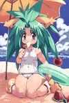  animal_ears banana beach blush cham_cham cloud day food fruit green_eyes green_hair highres holding ice_cream one-piece_swimsuit outdoors paw_shoes samurai_spirits school_swimsuit shoes sky snk solo summer swimsuit white_school_swimsuit white_swimsuit yu_3 