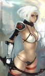  bikini bow_(weapon) breasts copyright_request large_breasts lokman_lam red_eyes short_hair solo swimsuit thigh_strap weapon white_hair 