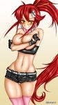  bad_deviantart_id bad_id breast_squeeze breasts glasses gloves hidrico highres large_breasts long_hair ponytail red_hair scarf shorts solo tengen_toppa_gurren_lagann thighhighs yellow_eyes yoko_littner 