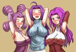  arm_up armpits arms_behind_head bad_id bad_pixiv_id between_breasts blush breasts cleavage closed_eyes code_geass color_connection cornelia_li_britannia crossover elbow_gloves frown gloves gym_leader hair_color_connection idolmaster idolmaster_(classic) idolmaster_1 large_breasts laughing lipstick long_hair makeup melissa_(pokemon) miura_azusa multiple_crossover multiple_girls one_eye_closed pokemon pose purple_eyes purple_hair quad_tails sleeveless sleeveless_turtleneck smile sweater turtleneck yokkora 