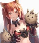 1girl animal_ears bangs bare_shoulders blush breasts cerberus_(shingeki_no_bahamut) cleavage closed_mouth dog_ears gauntlets granblue_fantasy hand_puppet long_hair looking_at_viewer medium_breasts midriff puppet red_eyes red_hair revealing_clothes riku_(wana) shingeki_no_bahamut simple_background smile solo twintails very_long_hair white_background 