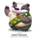  2019 anthro badger black_fur boy_scout claws clothed clothing cryptid-creations eyes_closed fully_clothed fur humor male mammal merit_badge mustelid neckerchief pawpads pun sash simple_background smile solo visual_pun white_background white_fur 