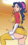  ass belt blue_hair boots bow breasts brown_eyes choudenji_machine_voltes_v covered_nipples dress gloves hair_bow lipstick makeup medium_breasts oka_megumi oprince panties pantyshot ponytail solo thigh_boots thighhighs underwear 
