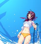  ahoge bad_id bad_pixiv_id green_eyes hose midriff navel no_pants original panties purple_hair school_uniform serafuku solo underwear water yuuji_(and) 