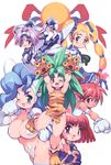  animal_ears animal_print blonde_hair blue_eyes blue_hair capcom cat_ears cham_cham crossover everyone exelica fang felicia galaxy_fight gloves green_eyes green_hair highres magician's_academy mecha_musume multi-tied_hair multiple_crossover multiple_girls paw_gloves paw_shoes paws purple_hair red_eyes red_hair roomi samurai_spirits shoes short_hair snk tanarot tiger_print trigger_heart_exelica vampire_(game) yu_3 