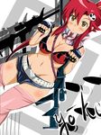  bad_id bad_pixiv_id bikini_top breasts cleavage ebibaachan elbow_gloves face gloves gun highres large_breasts long_hair ponytail red_hair rifle scarf short_shorts shorts solo tengen_toppa_gurren_lagann thighhighs weapon yellow_eyes yoko_littner 