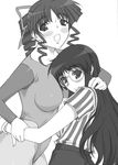  asuka_120_percent blush crossover drill_hair glasses gloves greyscale hug leotard long_hair monochrome multiple_girls ookubo_kumi pantyhose shichimenchou variable_geo yanase_kaori 