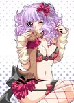  animal bra curly_hair dog fishnets lavender_hair lingerie nail_art nail_polish navel original pet pink_eyes pink_nails polka_dot rinko_yuzuki solo thighhighs tongue underwear 