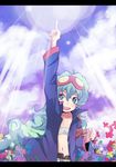  bad_id bad_pixiv_id core_drill cosplay drill kamina_pose kosa_k letterboxed long_hair multicolored_hair nia_teppelin pointing pointing_up sarashi simon simon_(cosplay) solo tengen_toppa_gurren_lagann 