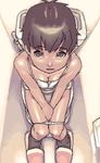  breasts brown_eyes brown_hair camisole cleavage from_above hijiri_rei oekaki original panties panty_pull short_hair slippers small_breasts solo toilet toilet_use underwear white_panties 