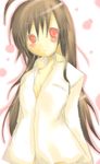  bad_id bad_pixiv_id blush breasts brown_hair cleavage genderswap genderswap_(mtf) large_buttons little_busters! long_hair natsume_kyousuke open_clothes open_shirt red_eyes rinka_rakura shirt small_breasts solo 