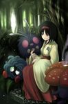  1girl artist_request black_hair brown_eyes erika_(pokemon) forest hakama hakama_skirt japanese_clothes nature photoshop_(medium) pokemon pokemon_(creature) pokemon_frlg red_hakama short_hair skirt tangela venonat vileplume 