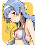  angle bangs blue_hair blunt_bangs blush border bra breasts flat_chest geometry hair_tubes hairband ina_(gokihoihoi) kannagi lingerie long_hair looking_at_viewer math nagi nipple_slip nipples outside_border oversized_clothes red_eyes simple_background small_breasts small_nipples solo underwear white_border yellow_background 
