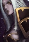  breasts brown_eyes cleavage elf jewelry large_breasts lips lokman_lam necklace night_elf pointy_ears solo warcraft white_hair world_of_warcraft 