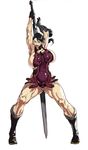  black_hair boots breasts cattleya full_body glasses gloves huge_breasts huge_weapon mature md5_mismatch muscle muscular_female queen's_blade revealing_clothes shimizu_aki simple_background solo standing sword weapon white_background 