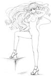  breasts earrings fujioka_toki greyscale high_heels highres jewelry legs long_hair macross macross_frontier medium_breasts monochrome nude sheryl_nome shoes solo very_long_hair 