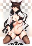  1girl animal_ear_fluff animal_ears atago_(azur_lane) azur_lane bangs bikini black_bikini black_hair black_legwear blush breasts brown_eyes brown_legwear checkered checkered_background cleavage commentary_request extra_ears eyebrows_visible_through_hair full_body hair_between_eyes hair_ribbon high_heels highres ibara_azuki large_breasts long_hair looking_at_viewer mole mole_under_eye navel race_queen ribbon smile solo squatting stomach swimsuit thighhighs thighs two-tone_bikini underboob very_long_hair white_footwear white_ribbon wolf_ears wrist_cuffs yellow_eyes 
