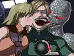  1girl ashley_graham biting blonde_hair blush breasts cheek_kiss commentary_request double_cheek_kiss eating health_bar horror_(theme) kiss large_breasts leon_s_kennedy moggel monster open_mouth pain red_eyes regenerator resident_evil resident_evil_4 sandwiched scarf smile teeth you_gonna_get_raped 