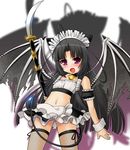  bat_wings bell bell_collar black_hair collar demon_tail fang fishnets kouki_kuu long_hair lowres maid midriff naginata navel oki_kiki polearm purple_eyes solo sumaga tail thighhighs weapon wings wrist_cuffs 