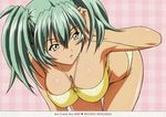  adjusting_hair artist_request bent_over bikini blush breasts cleavage green_eyes green_hair halter_top halterneck hanging_breasts highres ikkitousen large_breasts ryofu_housen solo striped striped_background swimsuit twintails 