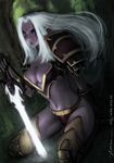  armor back bikini_armor black_hair blue_eyes breasts cleavage elf gauntlets glowing greaves groin jewelry lokman_lam medium_breasts navel necklace night_elf open_mouth pauldrons pointy_ears seiza sitting solo sword thighs warcraft water weapon white_hair wide_hips world_of_warcraft 